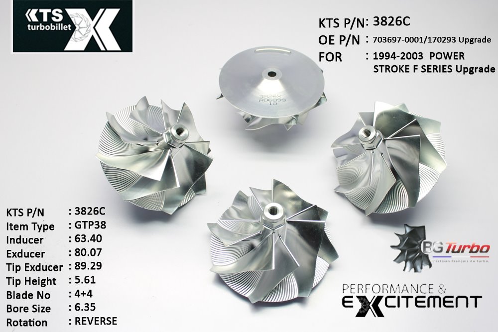 Turbo ROUE FORGÉE MFS PERFORMANCE - 4+4 PALES - INDUCER : 63,4 - EXDUCER : 80,07 - TYPE : GTP38ANGLE : 55° - ROTATION : Reverse - SUPER BACK : 4,94 - BORE SIZE : 6,35
